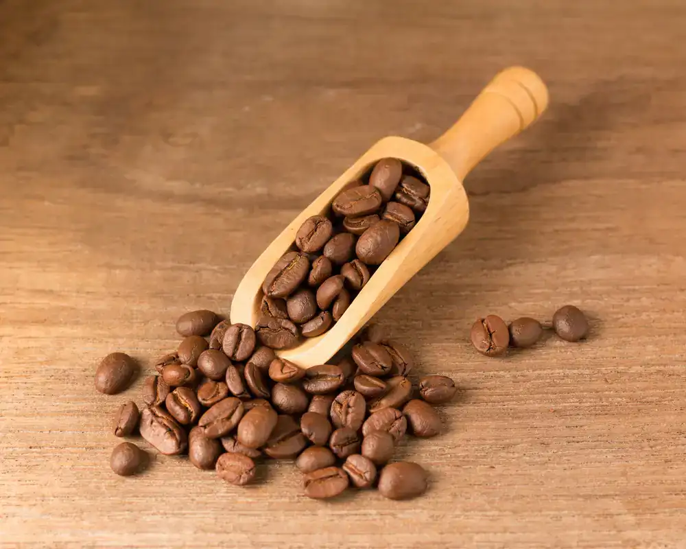 Wooden scoop filled with dark roasted coffee beans
