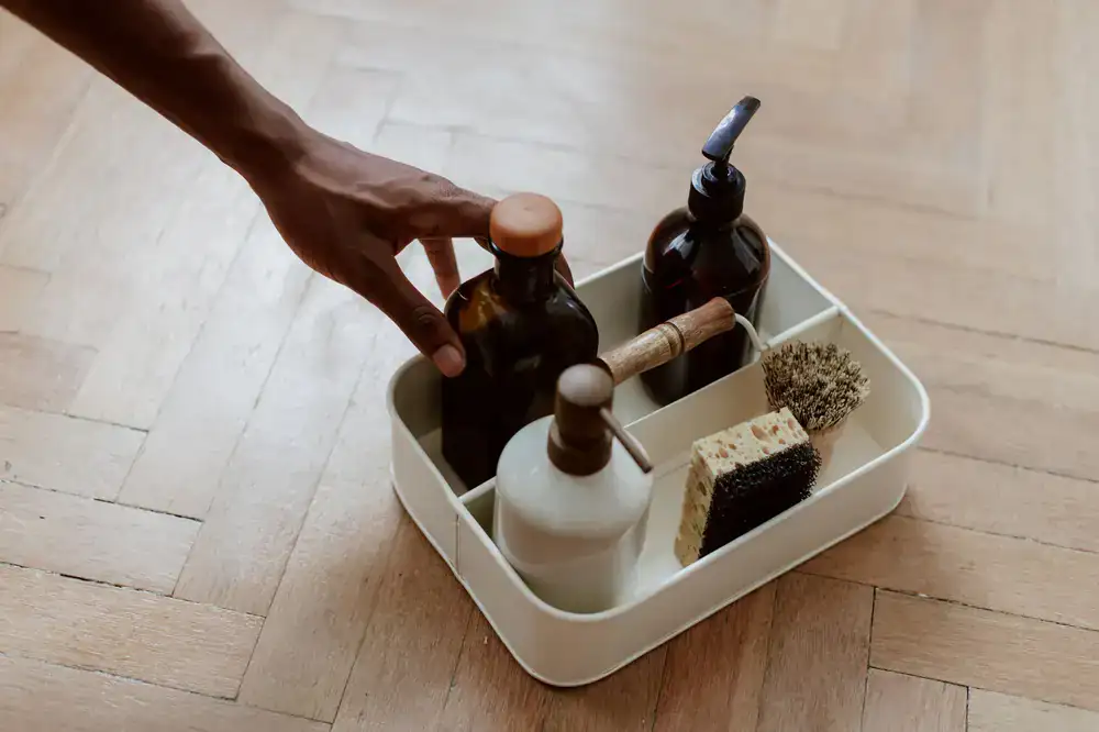 Refillable liquid soap dispensers and wooden brushes
